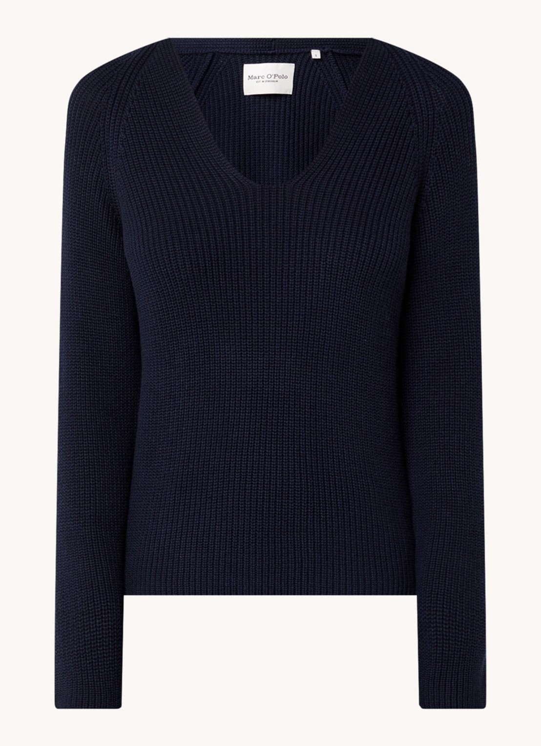 Marc O'Polo Fijngebreide pullover met V-hals - voorkant 3 donkerblauw