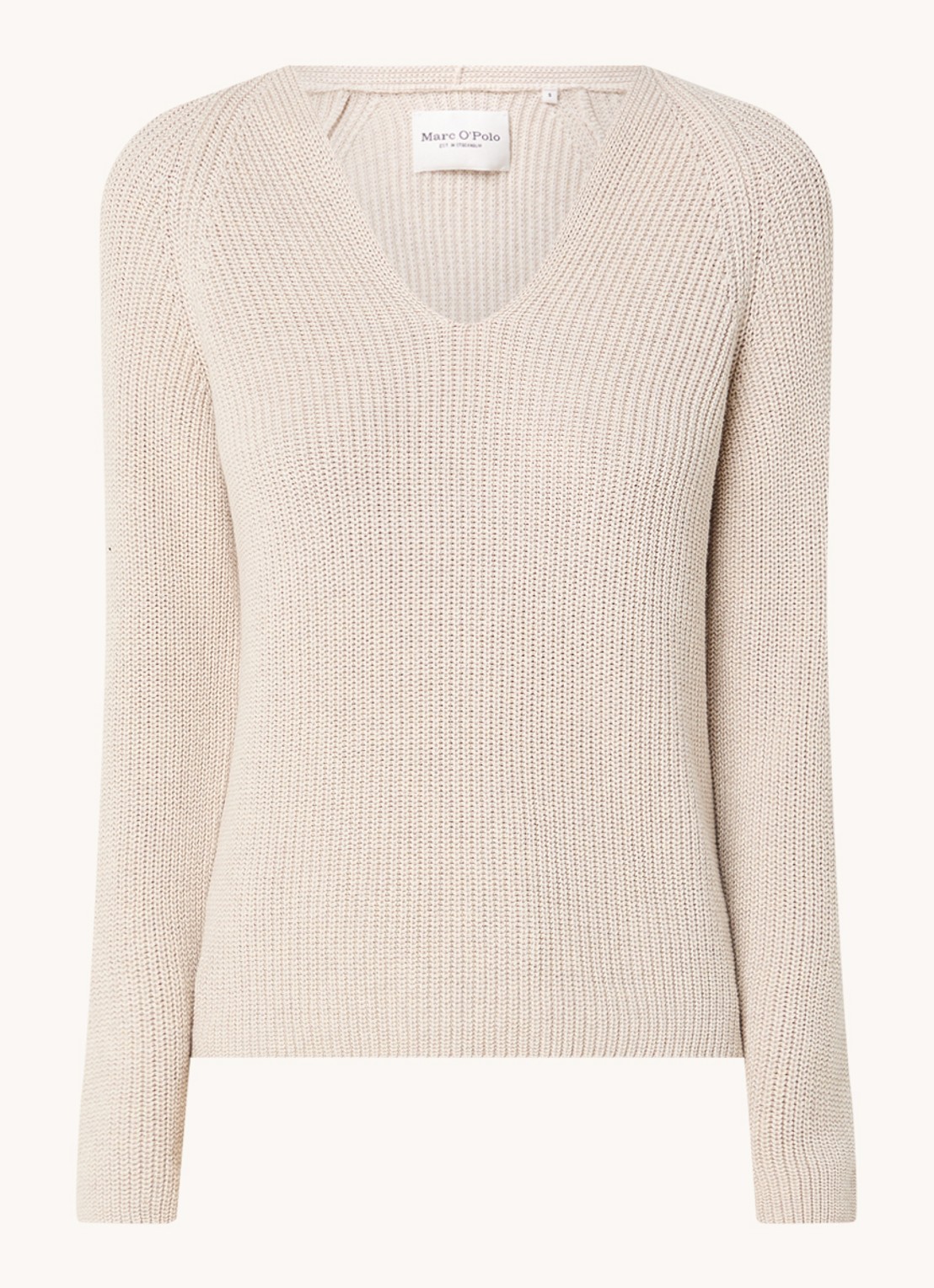 Marc O'Polo Fijngebreide pullover met V-hals - voorkant zand