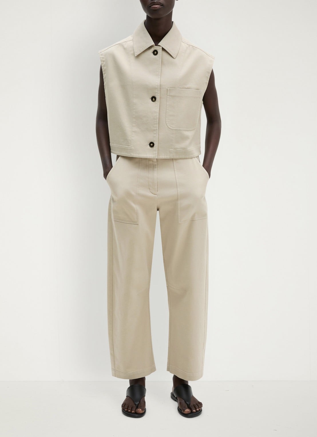 Marc O'Polo Gilet van denim met borstzak - voorkant 3 linen beige / grijs
