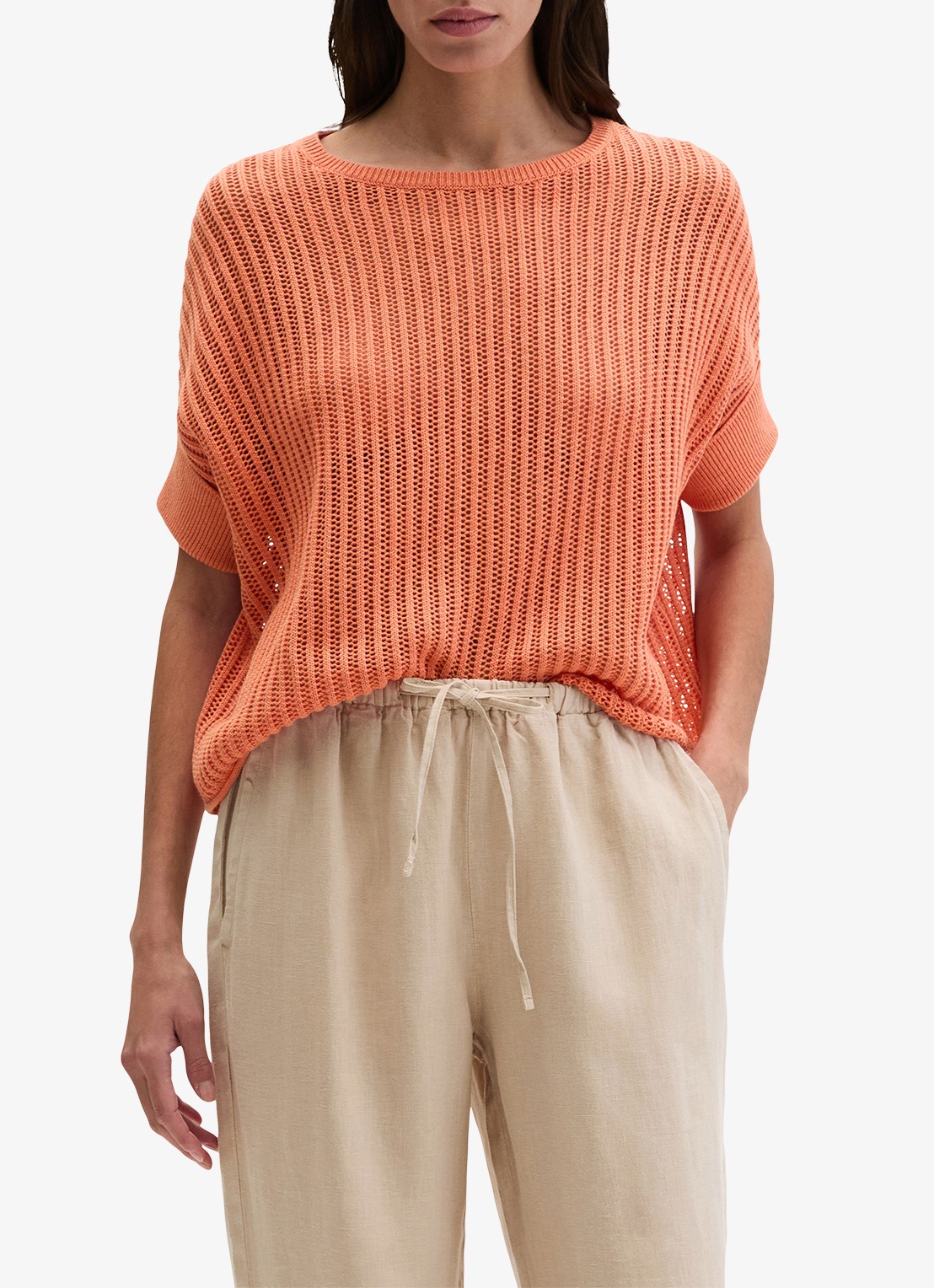 Marc O'Polo Grofgebreid trui in linnenblend met ribstructuur - detail 4 warm orange-9326 / oranje