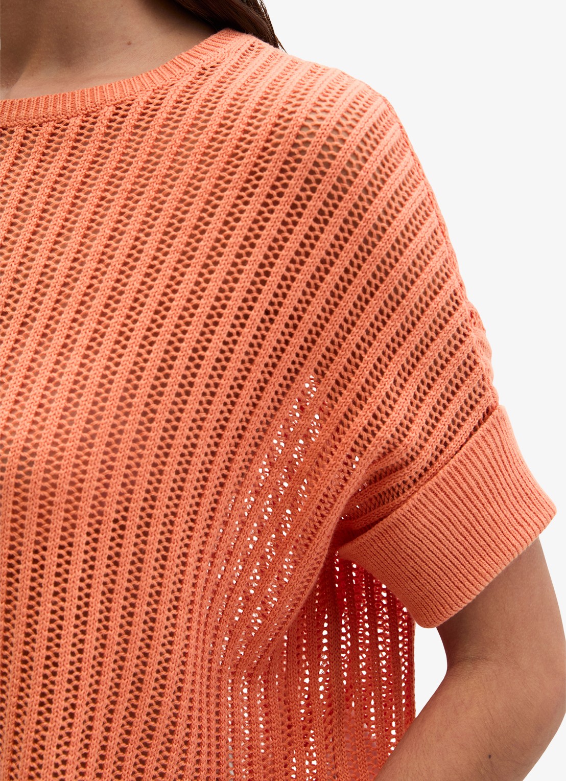 Marc O'Polo Grofgebreid trui in linnenblend met ribstructuur - detail 5 warm orange-9326 / oranje