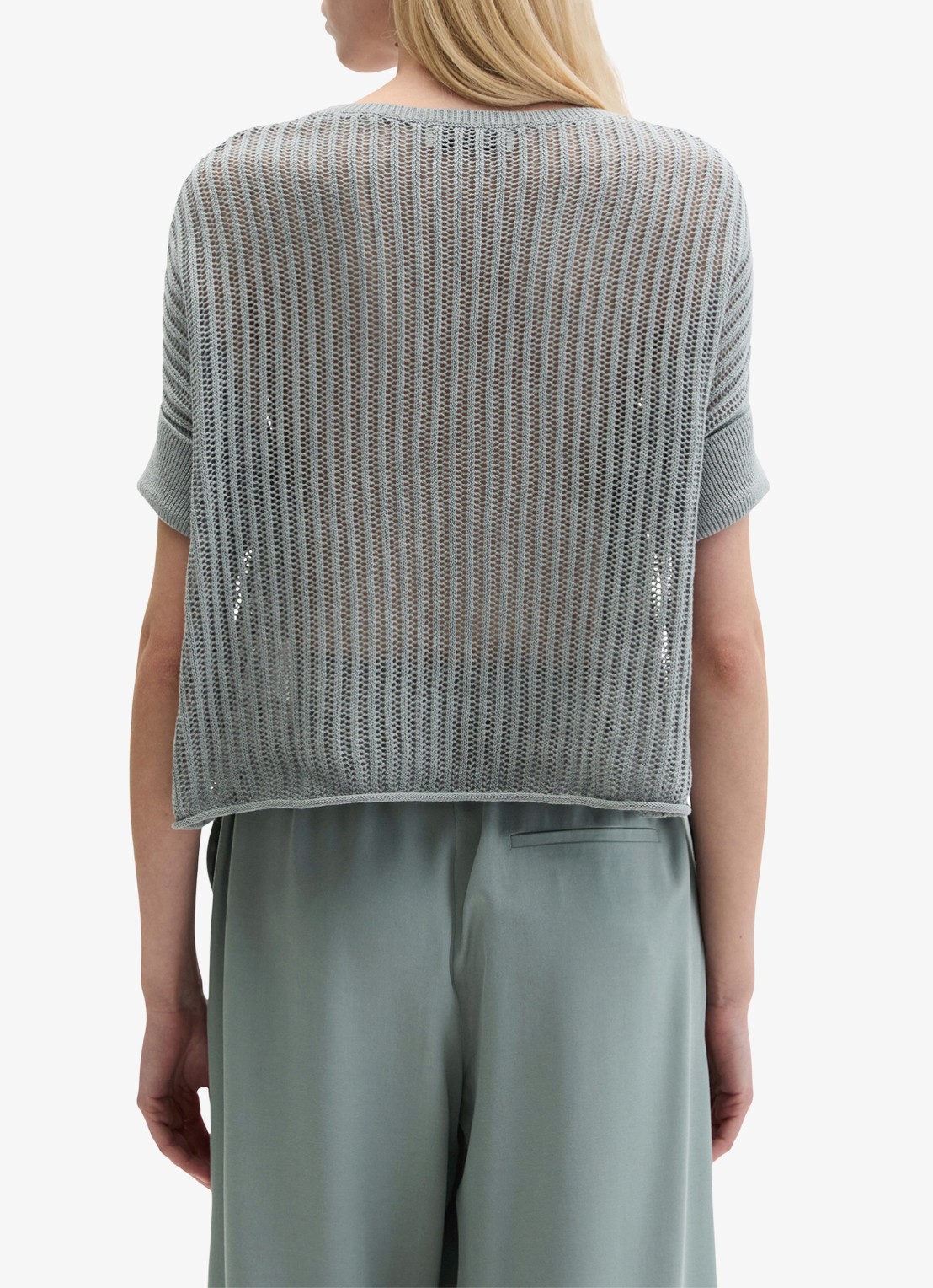 Marc O'Polo Grofgebreid trui in linnenblend met ribstructuur - achterkant 3 quiet sea-0639 / blauw
