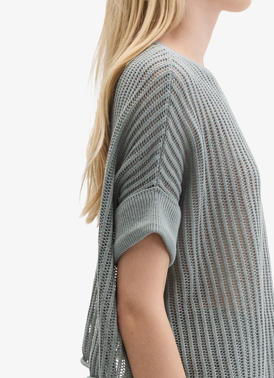 Marc O'Polo Grofgebreid trui in linnenblend met ribstructuur - detail 5 quiet sea-0639 / blauw