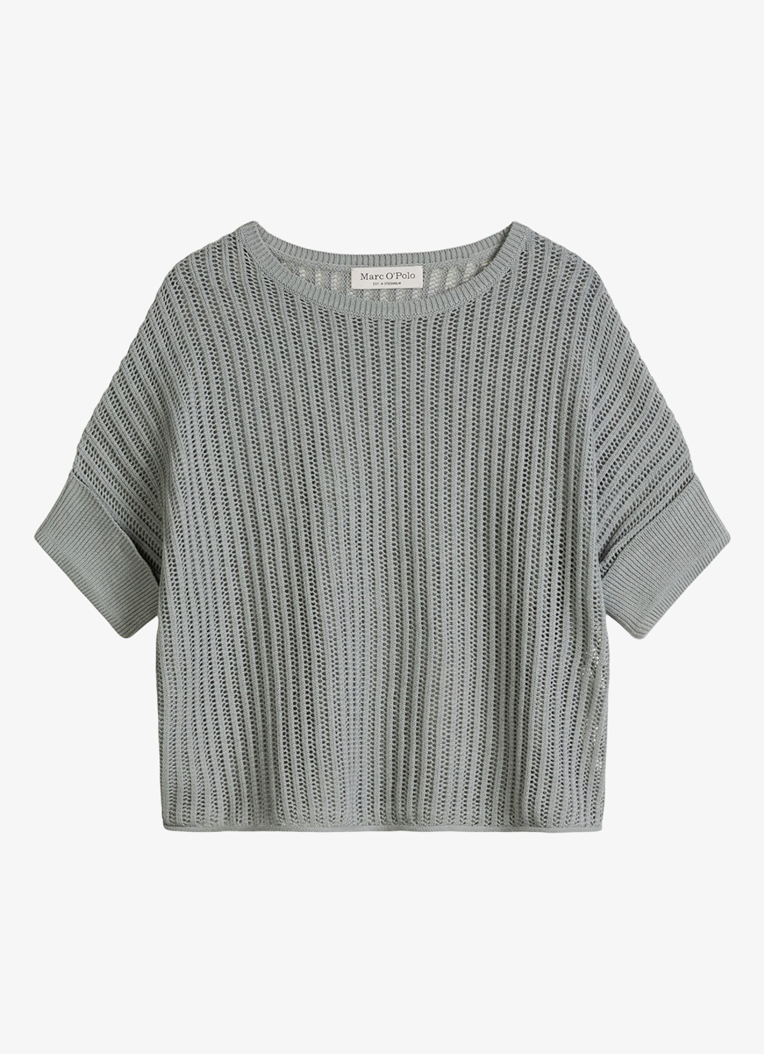 Marc O'Polo Grofgebreid trui in linnenblend met ribstructuur - voorkant quiet sea-0639 / blauw