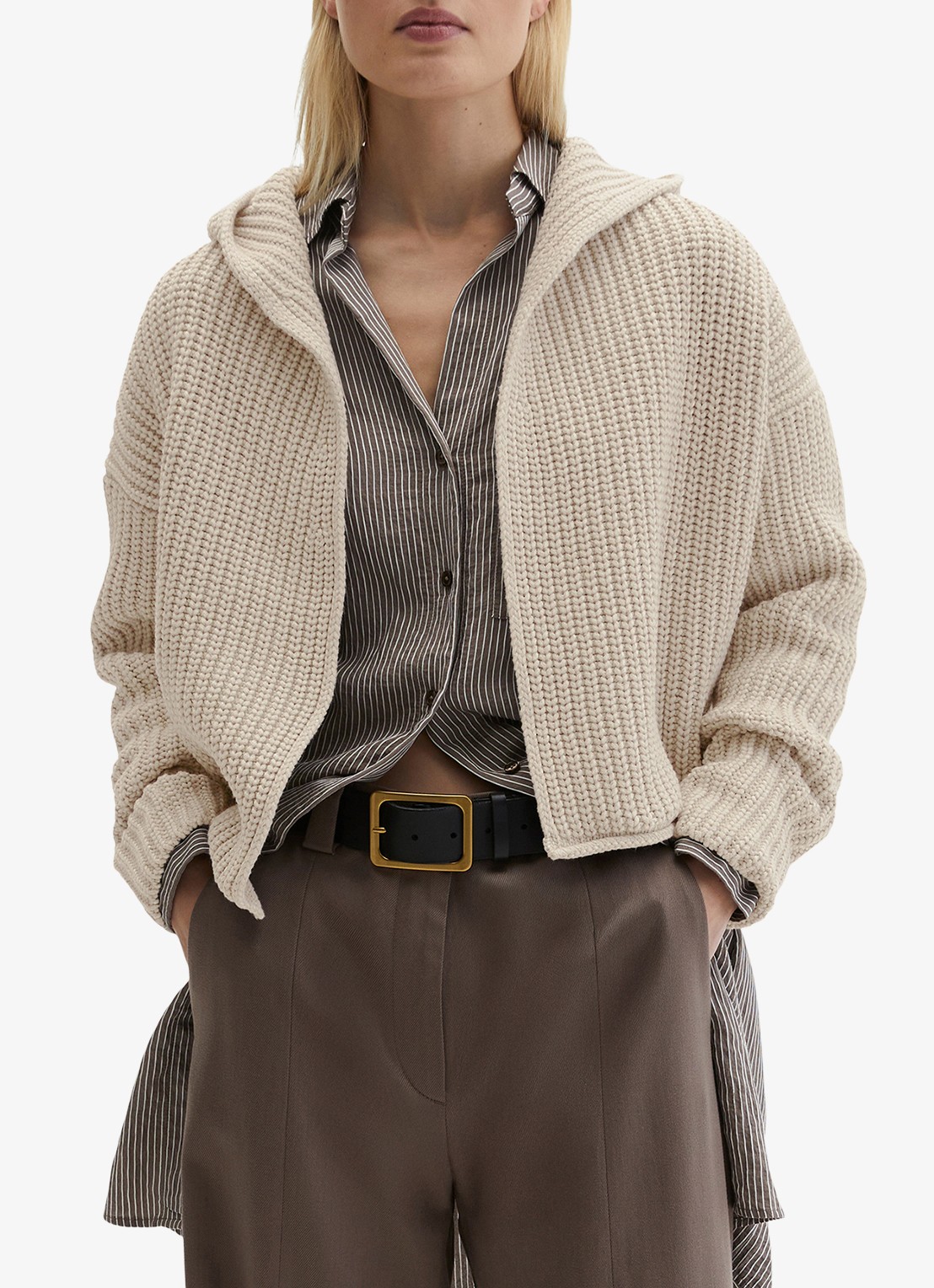 Marc O'Polo Grofgebreid vest met capuchon - detail beige