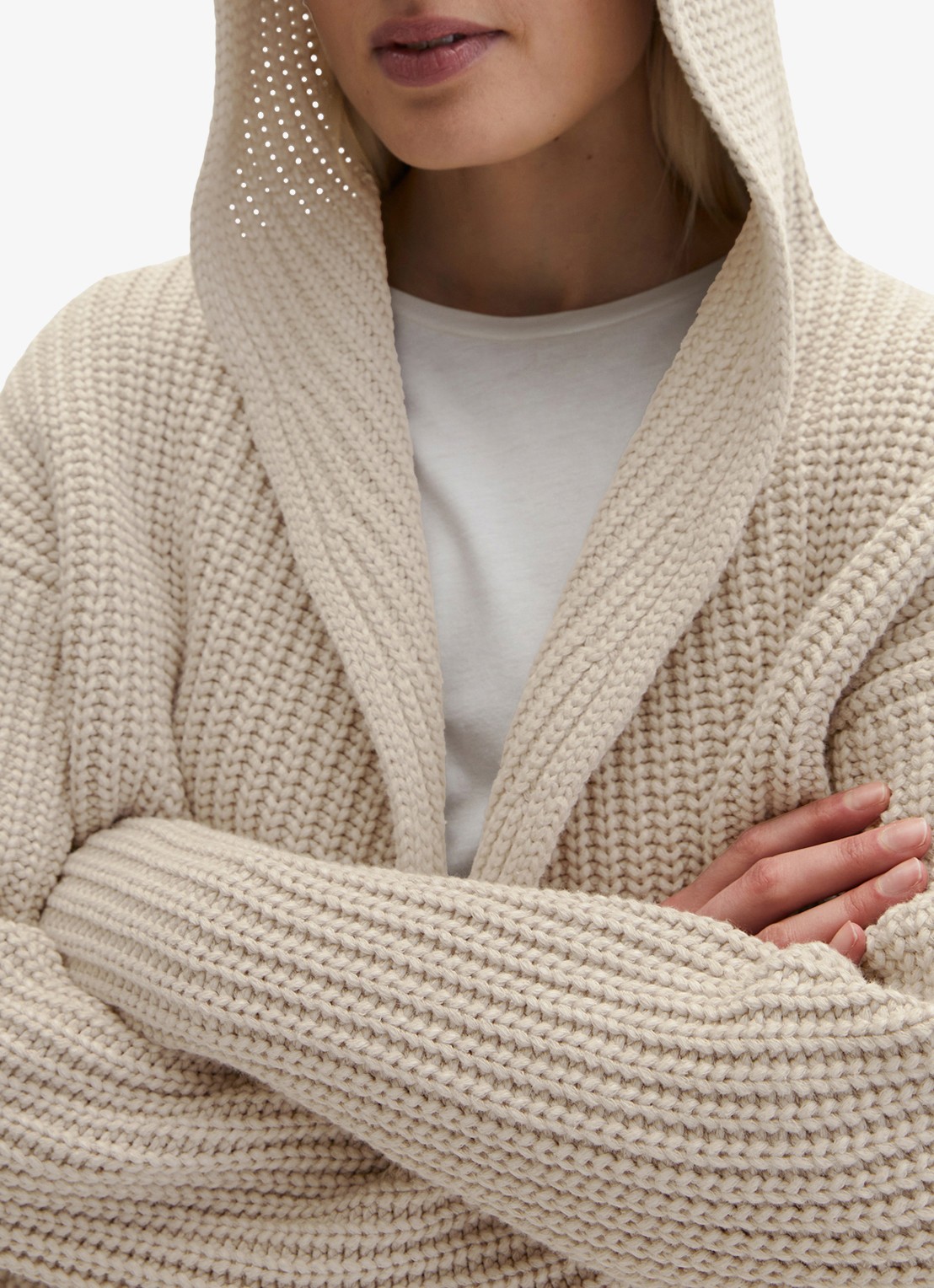Marc O'Polo Grofgebreid vest met capuchon - detail 2 beige