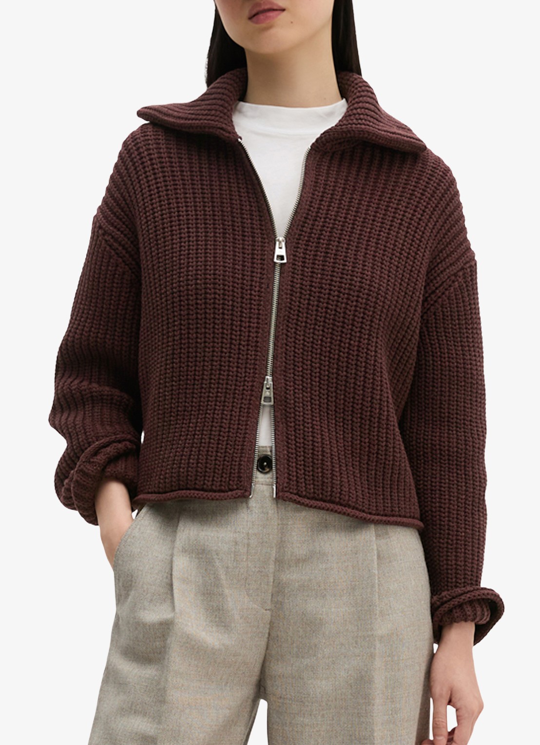 Marc O'Polo Grofgebreid vest met structuur - detail bordeauxrood