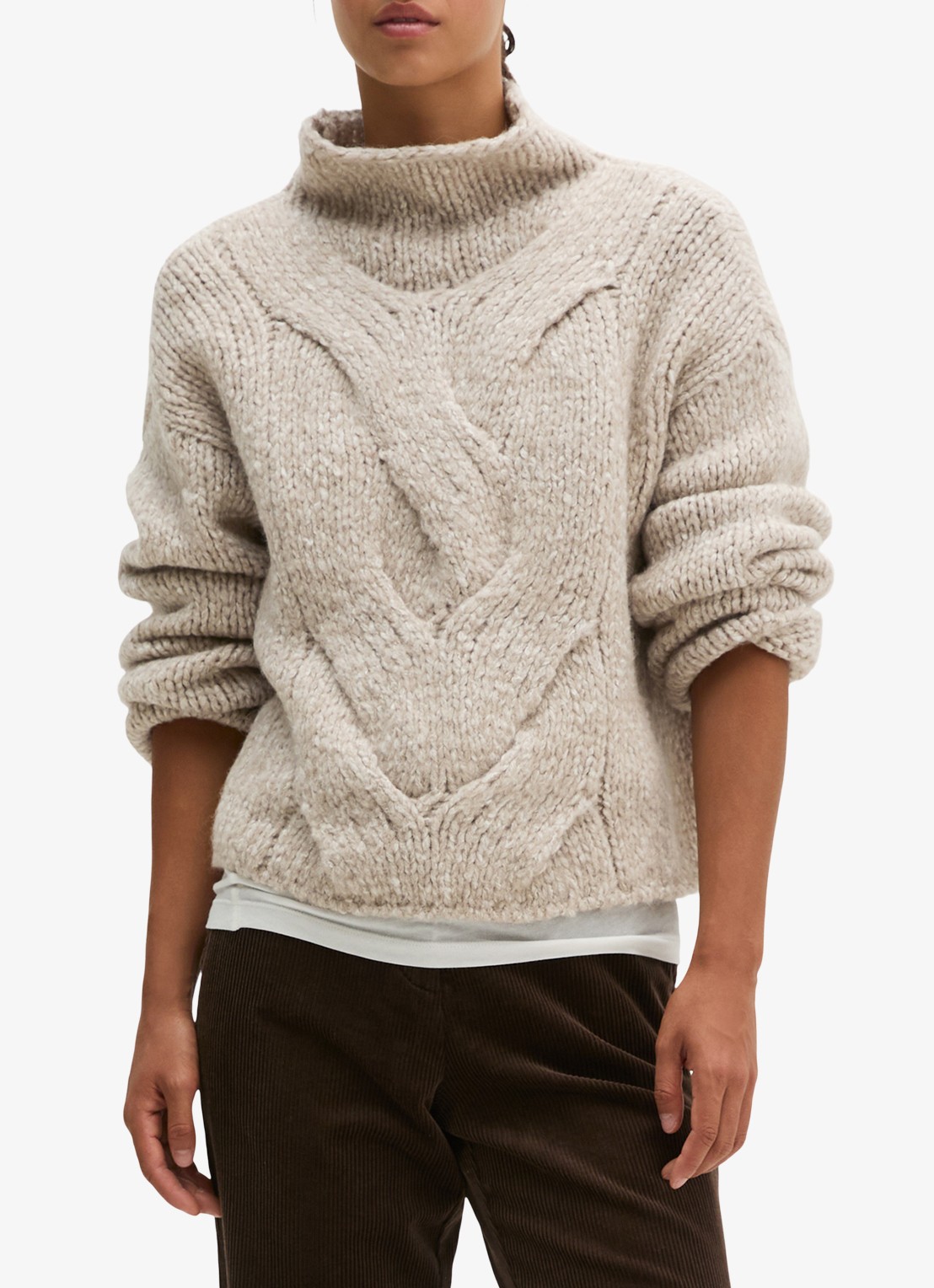 Marc O'Polo Grofgebreide trui in alpaca wolblend met opstaande kraag - detail 3 light brown multi / lichtbruin