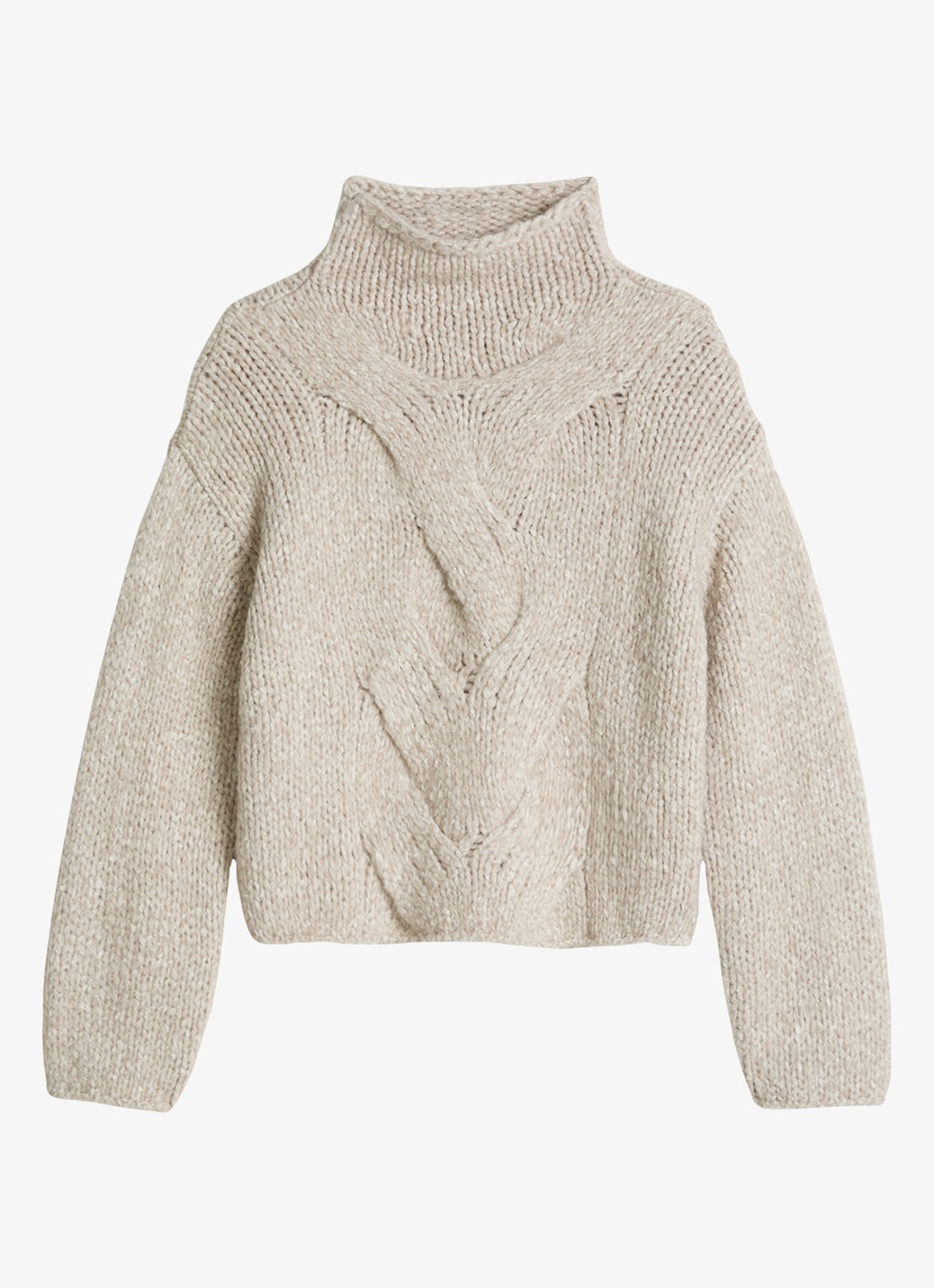 Marc O'Polo Grofgebreide trui in alpaca wolblend met opstaande kraag - voorkant light brown multi / lichtbruin