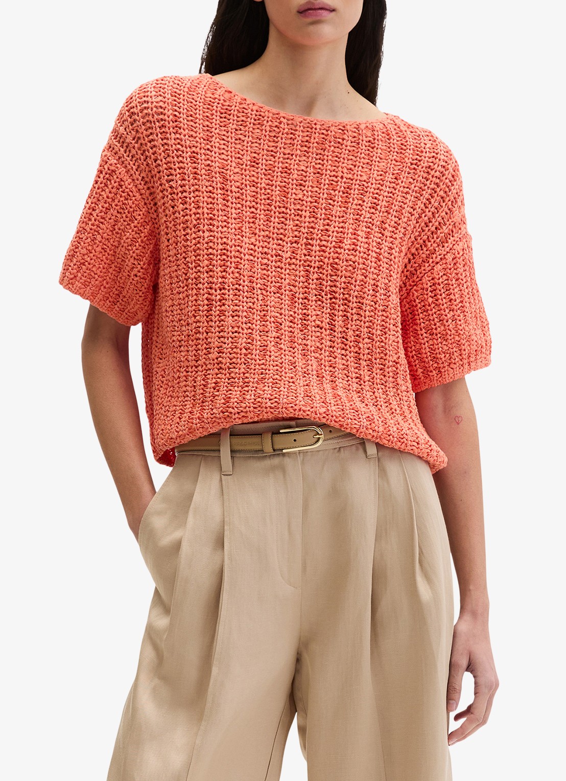 Marc O'Polo Grofgebreide trui met ronde hals - detail 3 warm orange-9326 / oranje