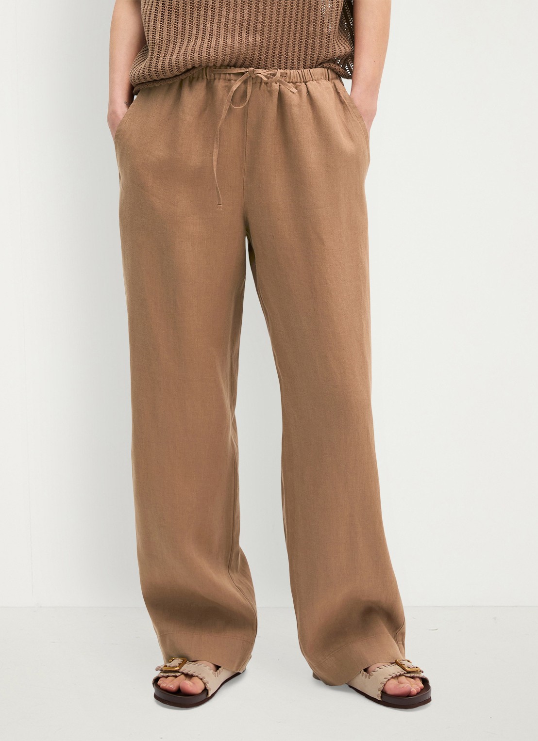 Marc O'Polo High waist loose fit palazzo broek van linnen met steekzakken - detail 4 burnt brown-1972 / bruin