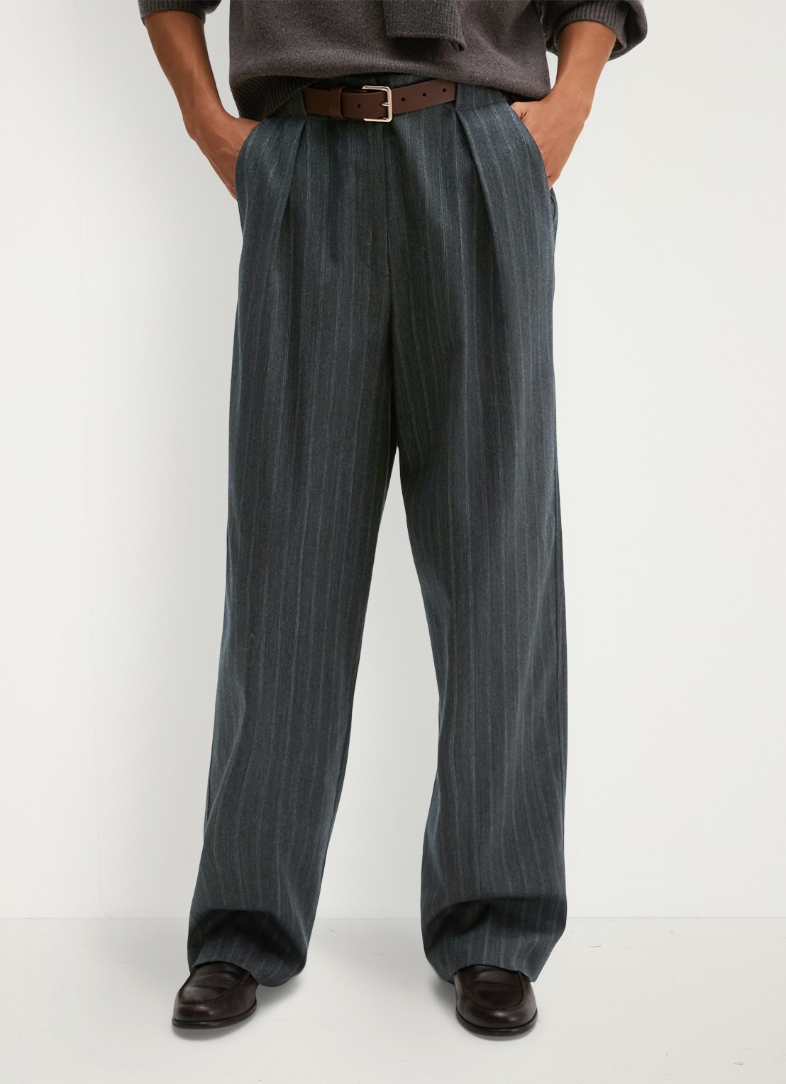 Marc O'Polo High waist straight fit pantalon met streepprint - detail donkergrijs