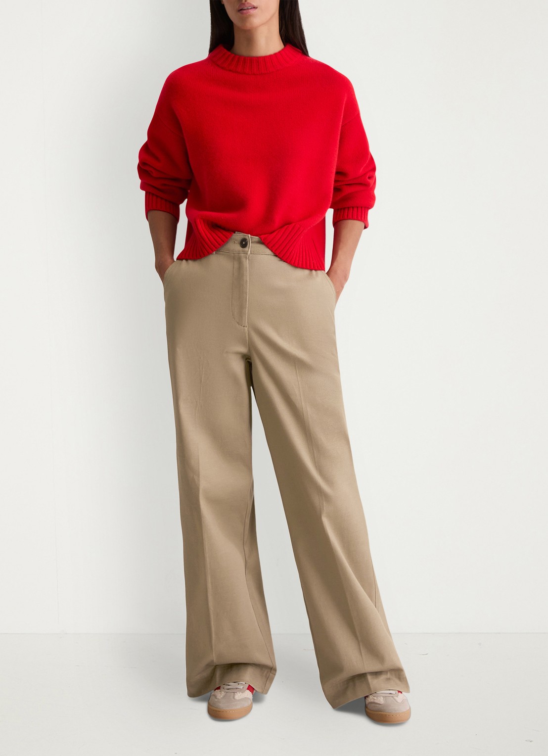 Marc O'Polo High waist wide fit pantalon met steekzakken - voorkant 2 beige