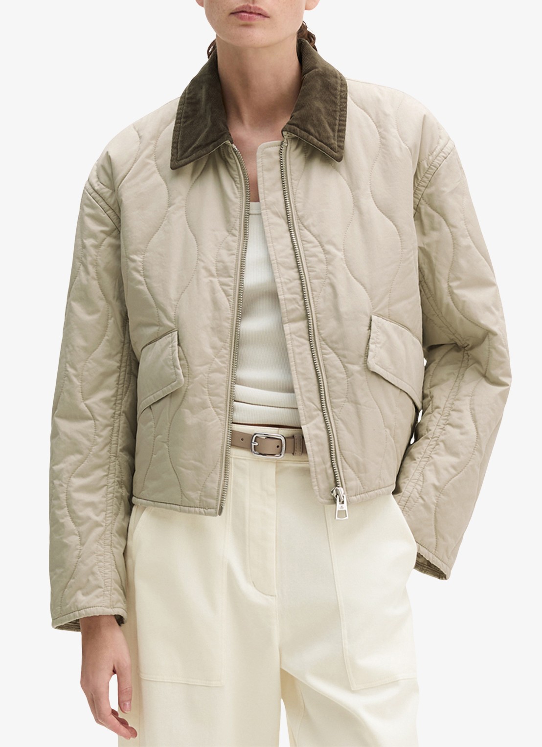 Marc O'Polo Jack met quilt patroon en kraag - detail linen beige / grijs