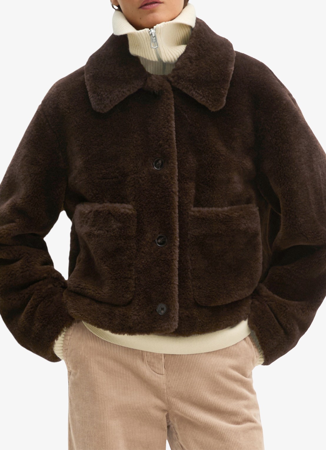Marc O'Polo Jack van imitatiebont met opgestikte zakken - detail 4 burnt coffee / bruin