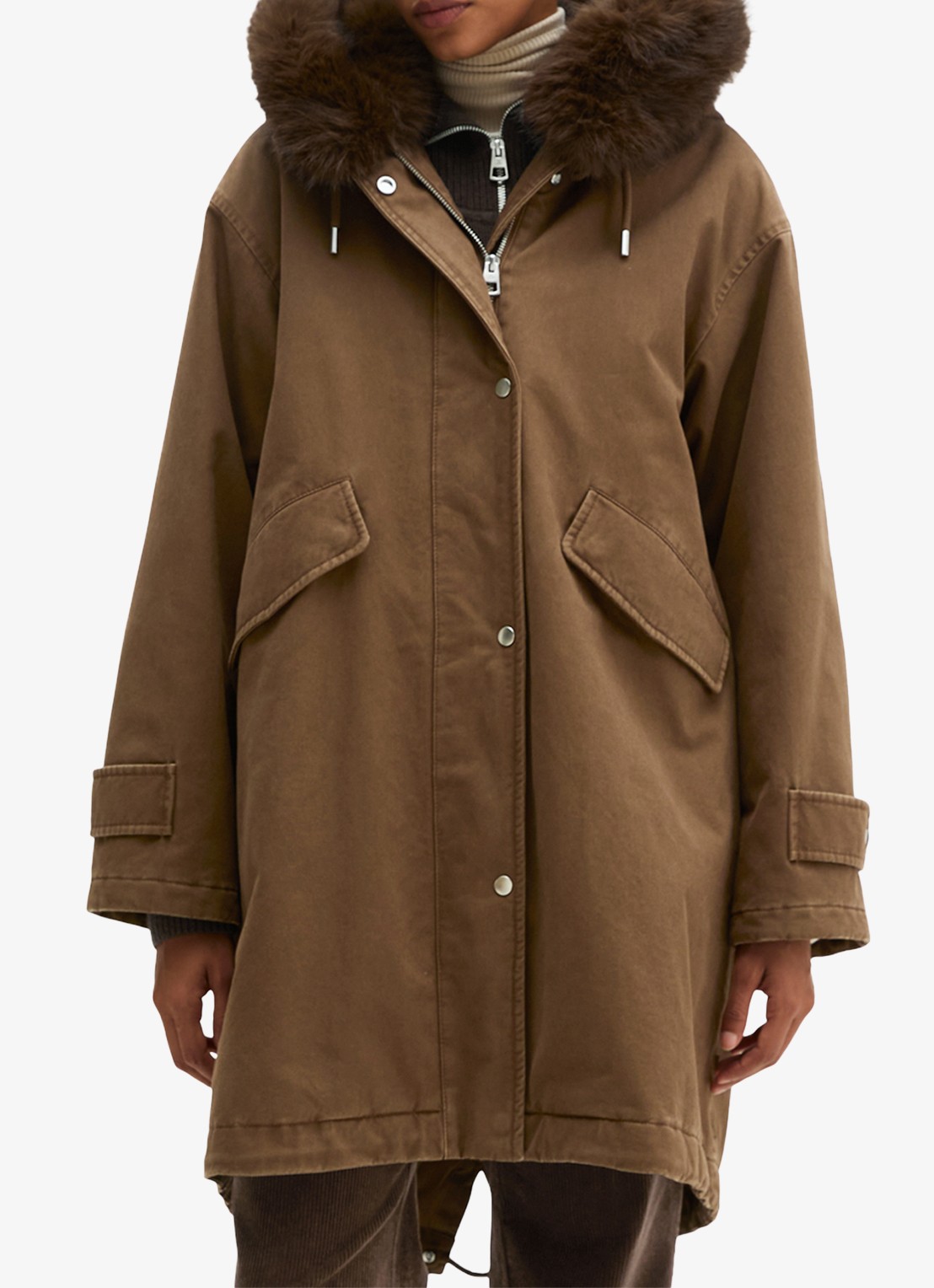 Marc O'Polo Jas met details van imitatiebont en klepzakken - detail dark walnut / bruin