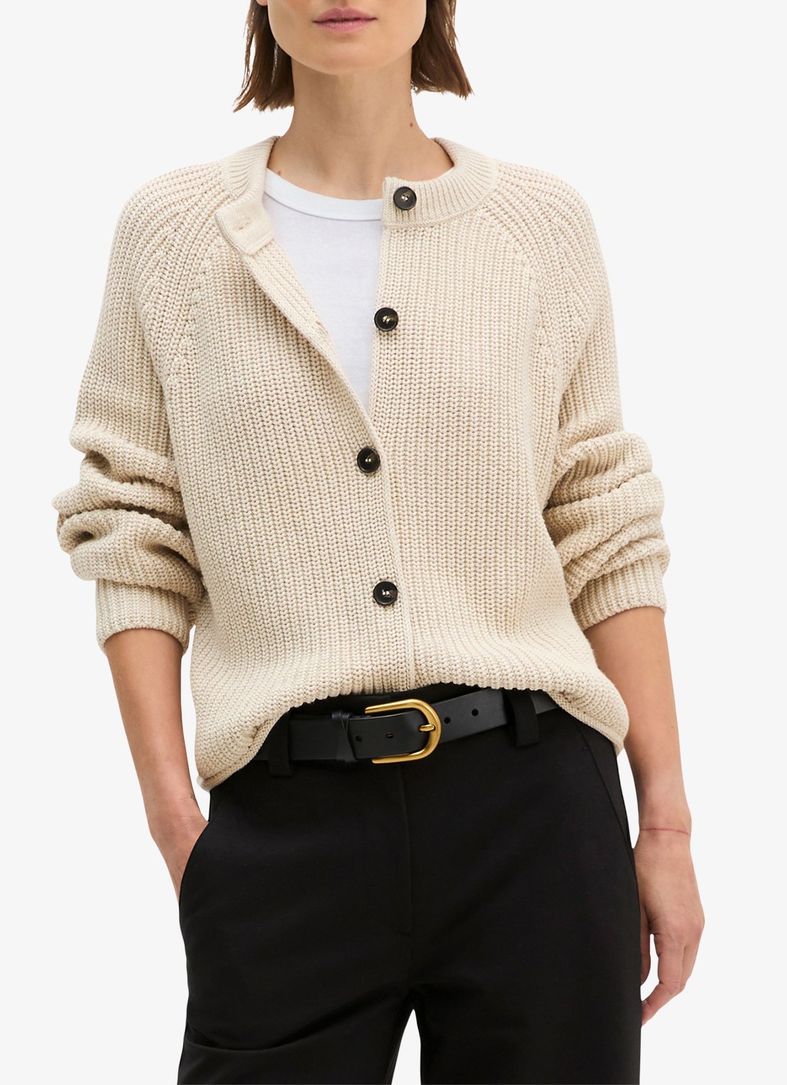 Marc O'Polo Kabelgebreid vest met ronde hals - detail 4 beige