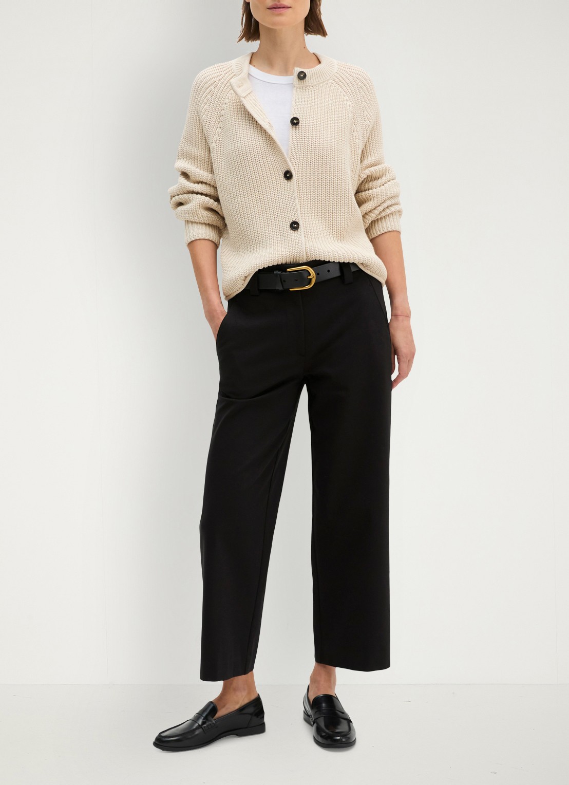 Marc O'Polo Kabelgebreid vest met ronde hals - voorkant 3 beige