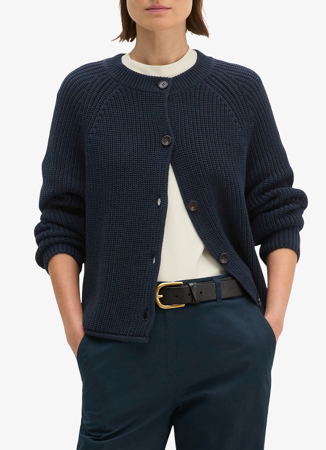 Marc O'Polo Kabelgebreid vest met ronde hals - detail donkerblauw
