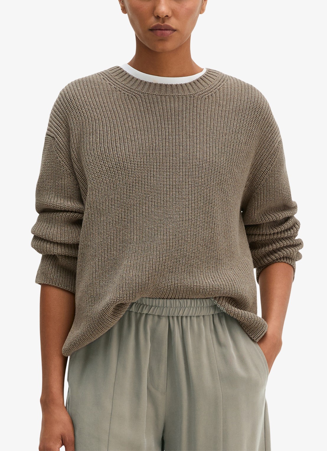 Marc O'Polo Kabelgebreide trui met split - detail 3 taupe