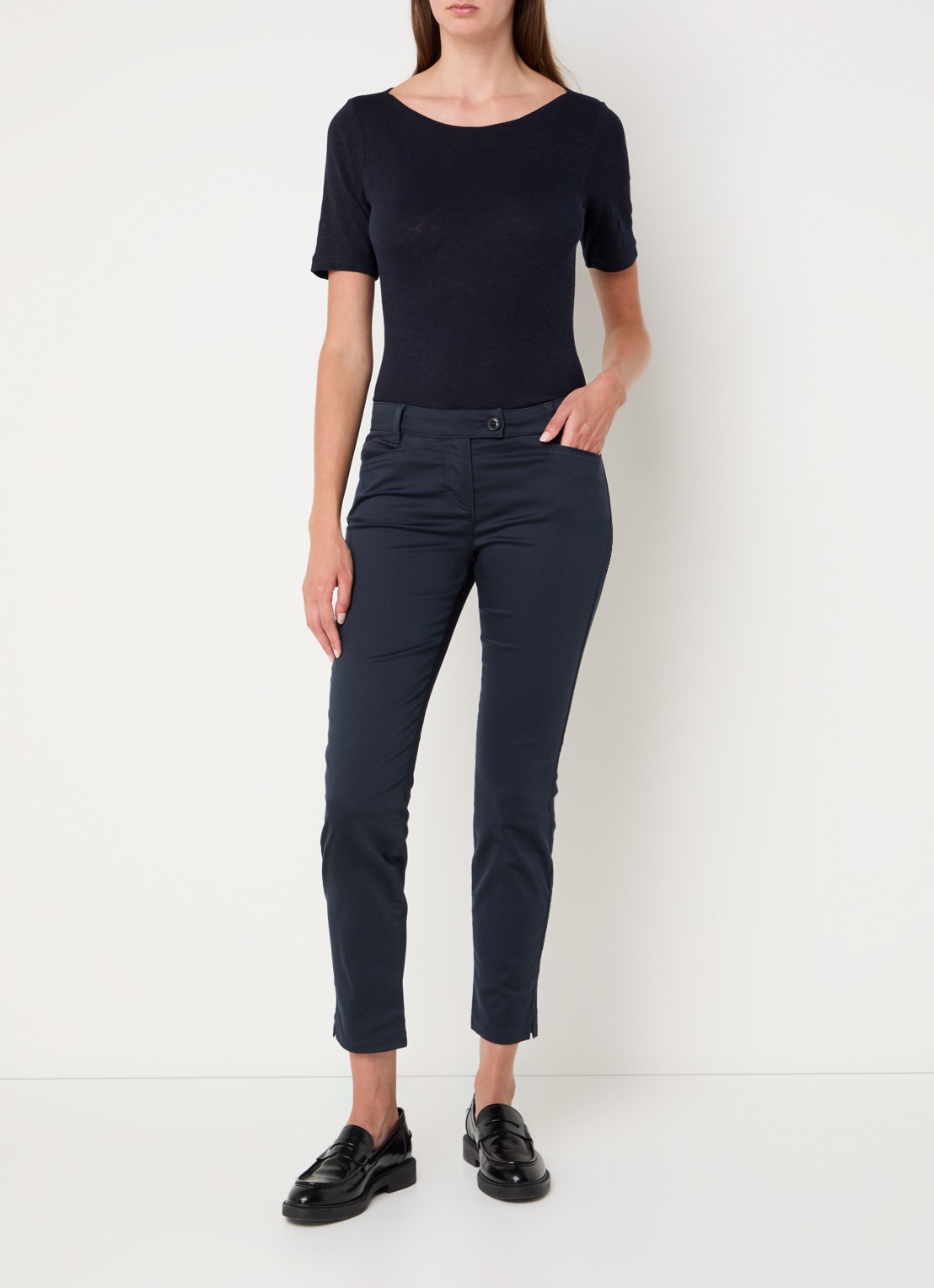 Marc O'Polo Laxa mid waist skinny fit pantalon in  katoenblend - voorkant 3 donkerblauw