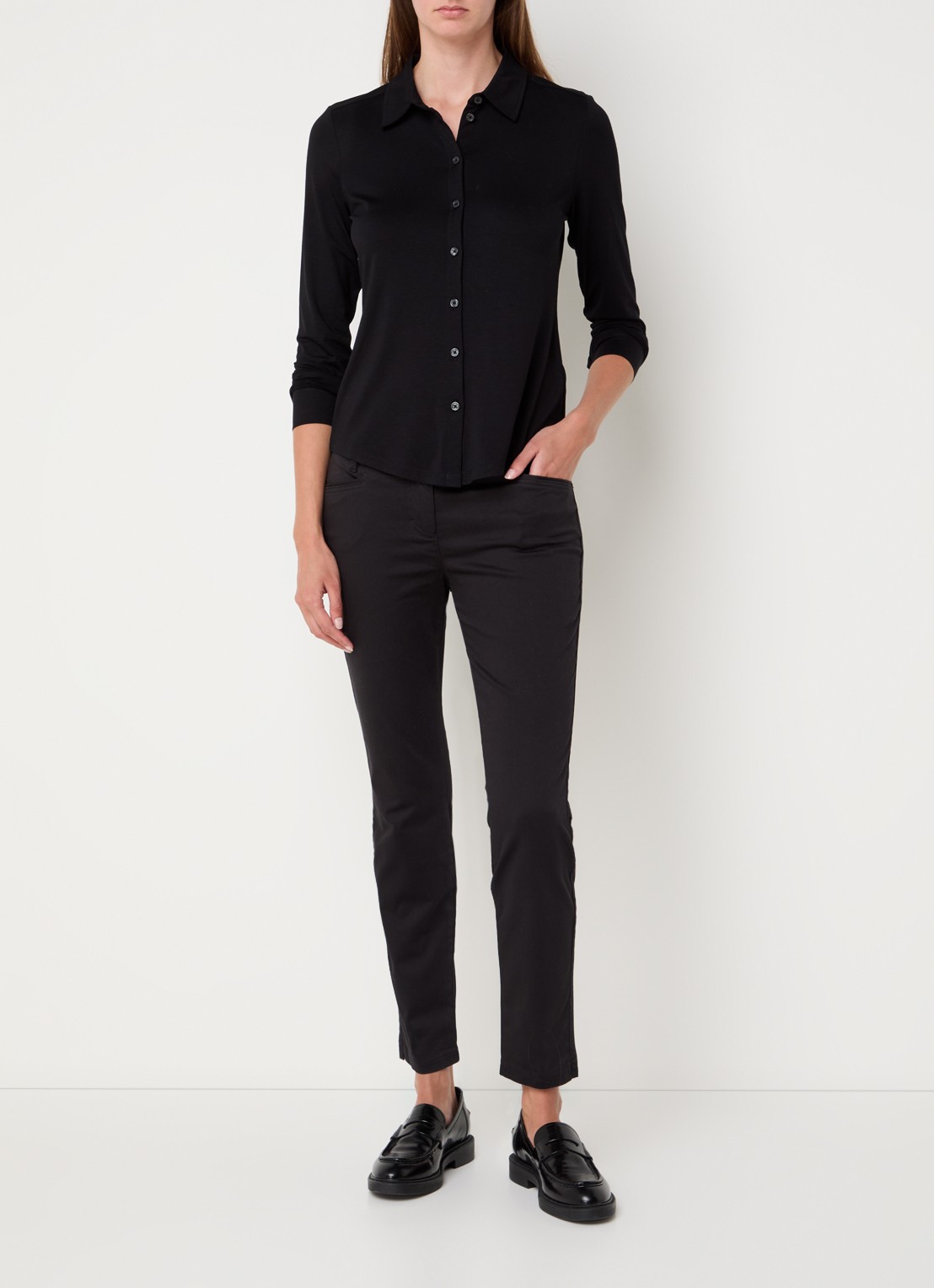 Marc O'Polo Laxa mid waist skinny fit pantalon in  katoenblend - voorkant 2 zwart