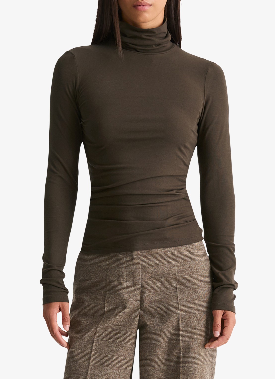 Marc O'Polo Longsleeve met col - detail 3 burnt coffee / bruin