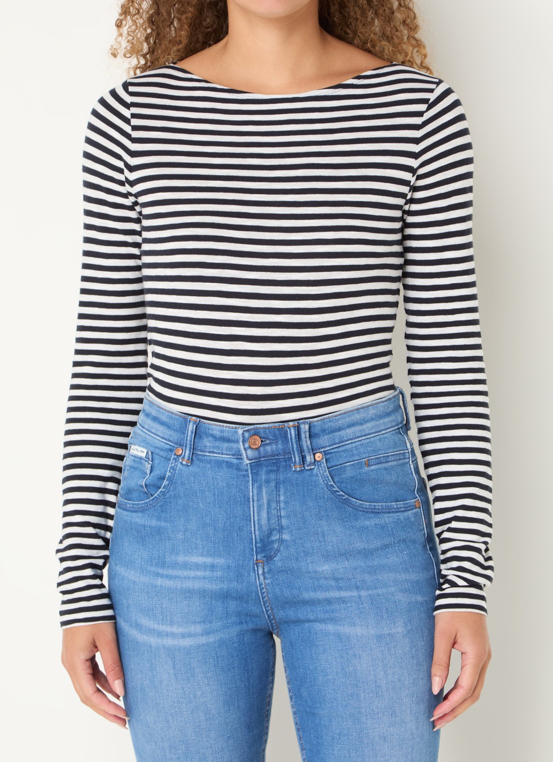 Marc O'Polo Longsleeve met streepprint en boothals - detail 4 donkerblauw