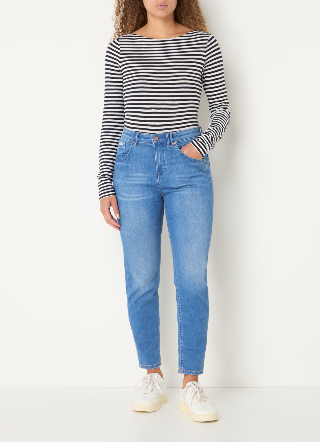 Marc O'Polo Longsleeve met streepprint en boothals - voorkant 2 donkerblauw
