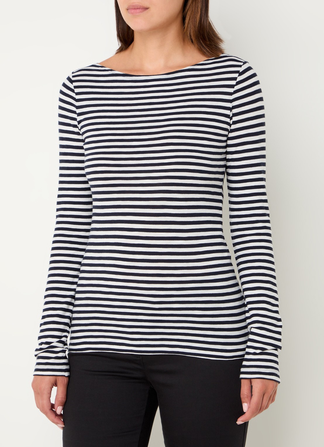 Marc O'Polo Longsleeve met streepprint en boothals - detail 5 donkerblauw