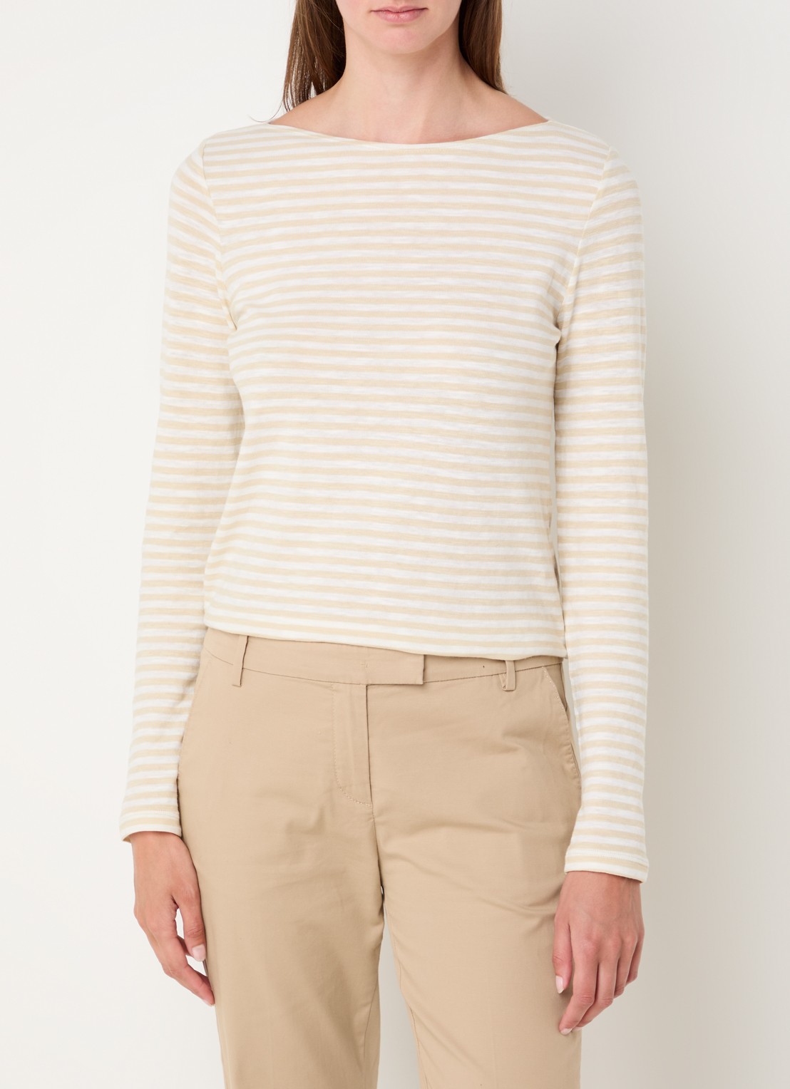 Marc O'Polo Longsleeve met streepprint en boothals - detail 4 gebroken wit