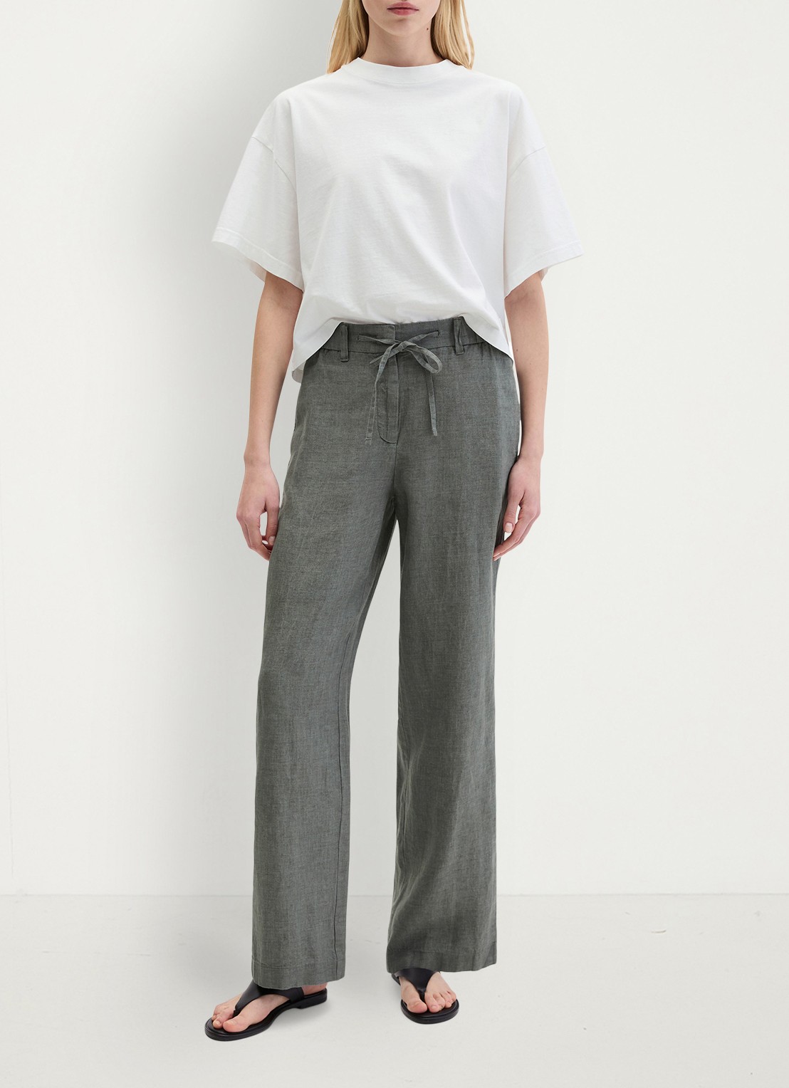 Marc O'Polo Loose fit broek met trekkoord - voorkant 4 slate grey melange-0777 / grijs