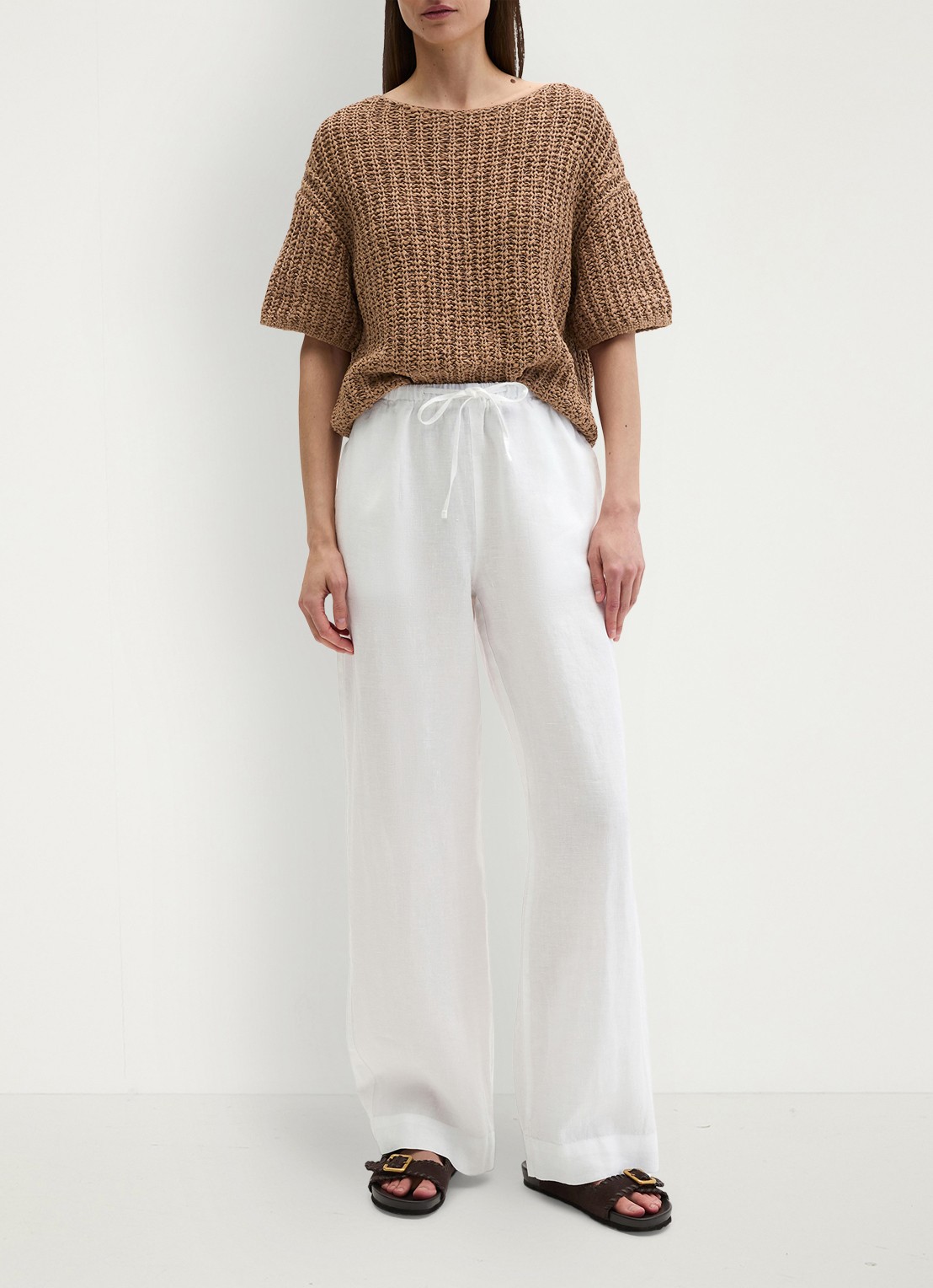 Marc O'Polo Loose fit palazzo broek van linnen met steekzakken - voorkant 3 white-0163 / wit