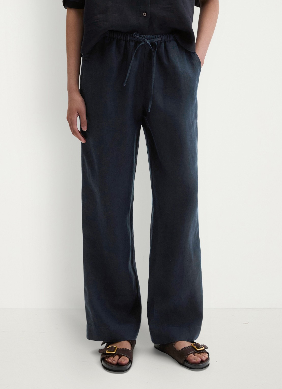 Marc O'Polo Loose fit palazzo broek van linnen met steekzakken - detail 4 deep night blue-4300 / blauw