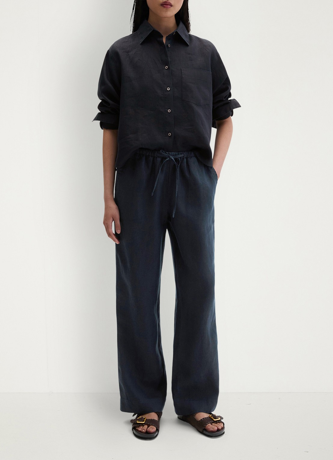 Marc O'Polo Loose fit palazzo broek van linnen met steekzakken - voorkant 2 deep night blue-4300 / blauw