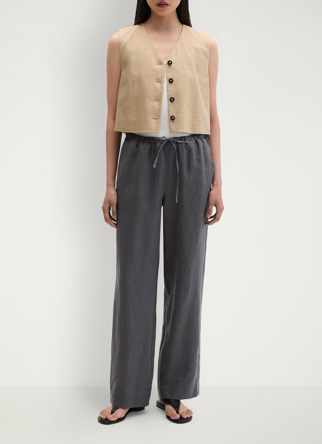 Marc O'Polo Loose fit palazzo broek van linnen met steekzakken - voorkant 2 oxide grey-0364 / grijs