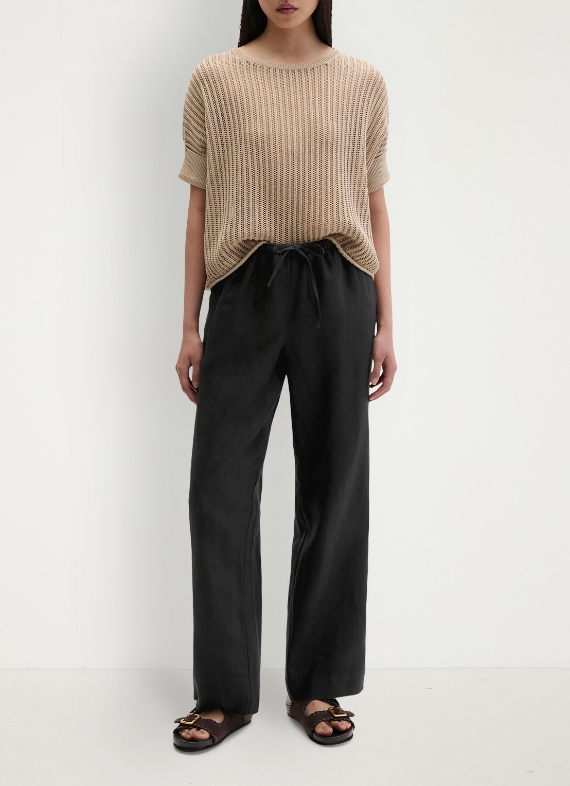 Marc O'Polo Loose fit palazzo broek van linnen met steekzakken - voorkant 4 black-0001 / zwart