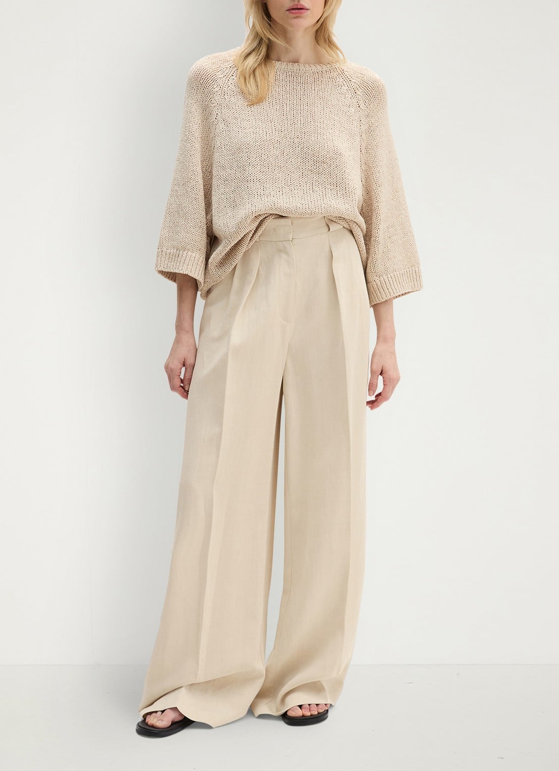 Marc O'Polo Loose fit pantalon in linnenblend  - voorkant 3 beige