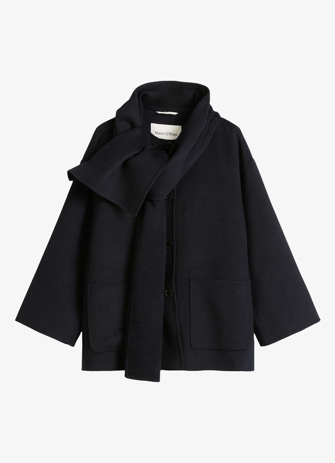 Marc O'Polo Mantel in wolblend met sjaalkraag - voorkant 3 donkerblauw