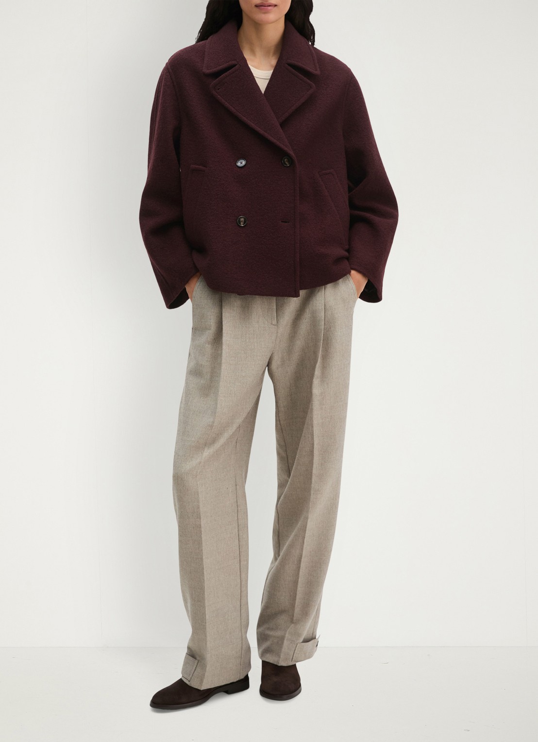 Marc O'Polo Mantel van wol - voorkant 3 aubergine