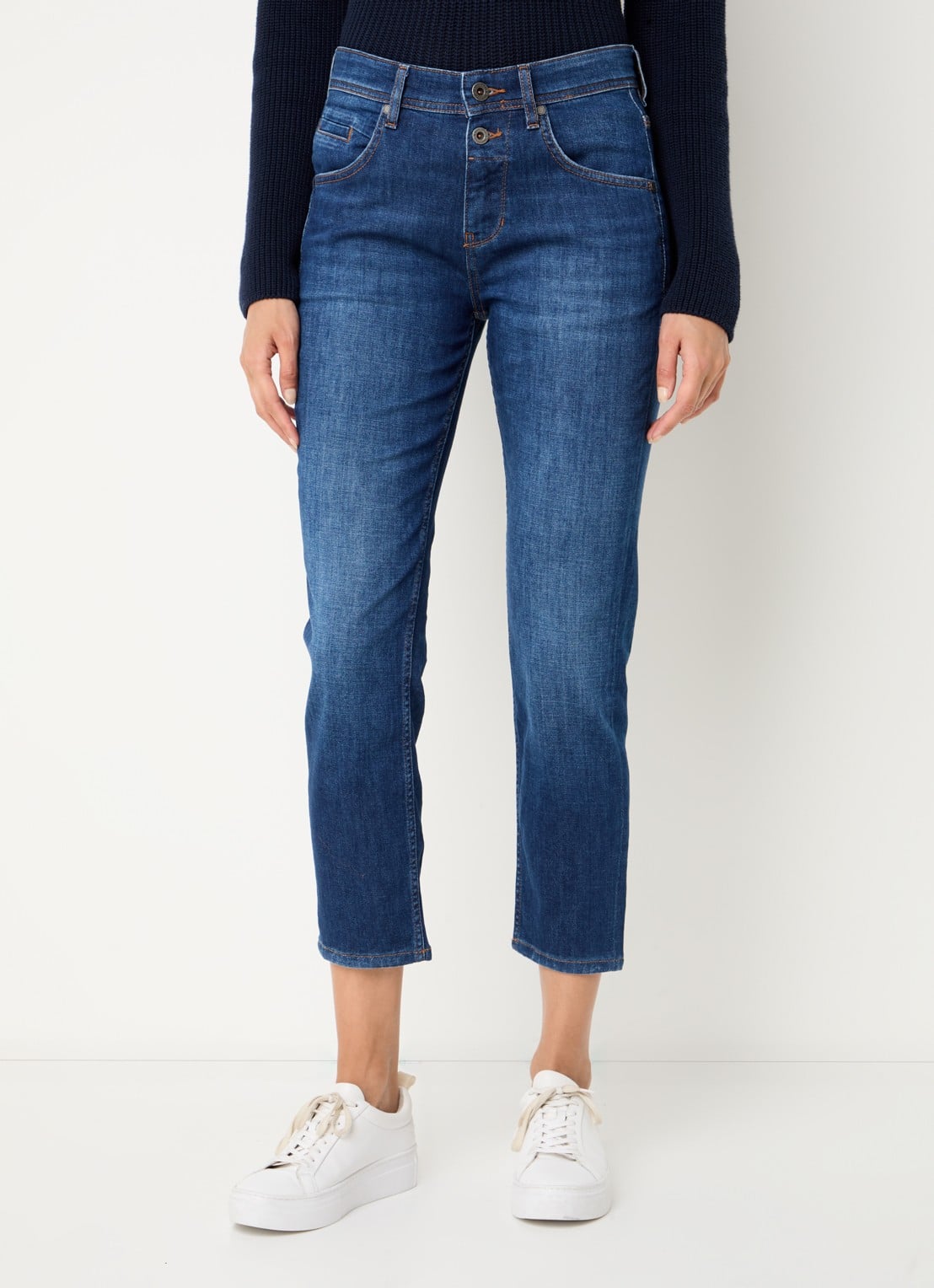 Marc O'Polo Mid waist cropped slim fit jeans met stretch - detail indigo