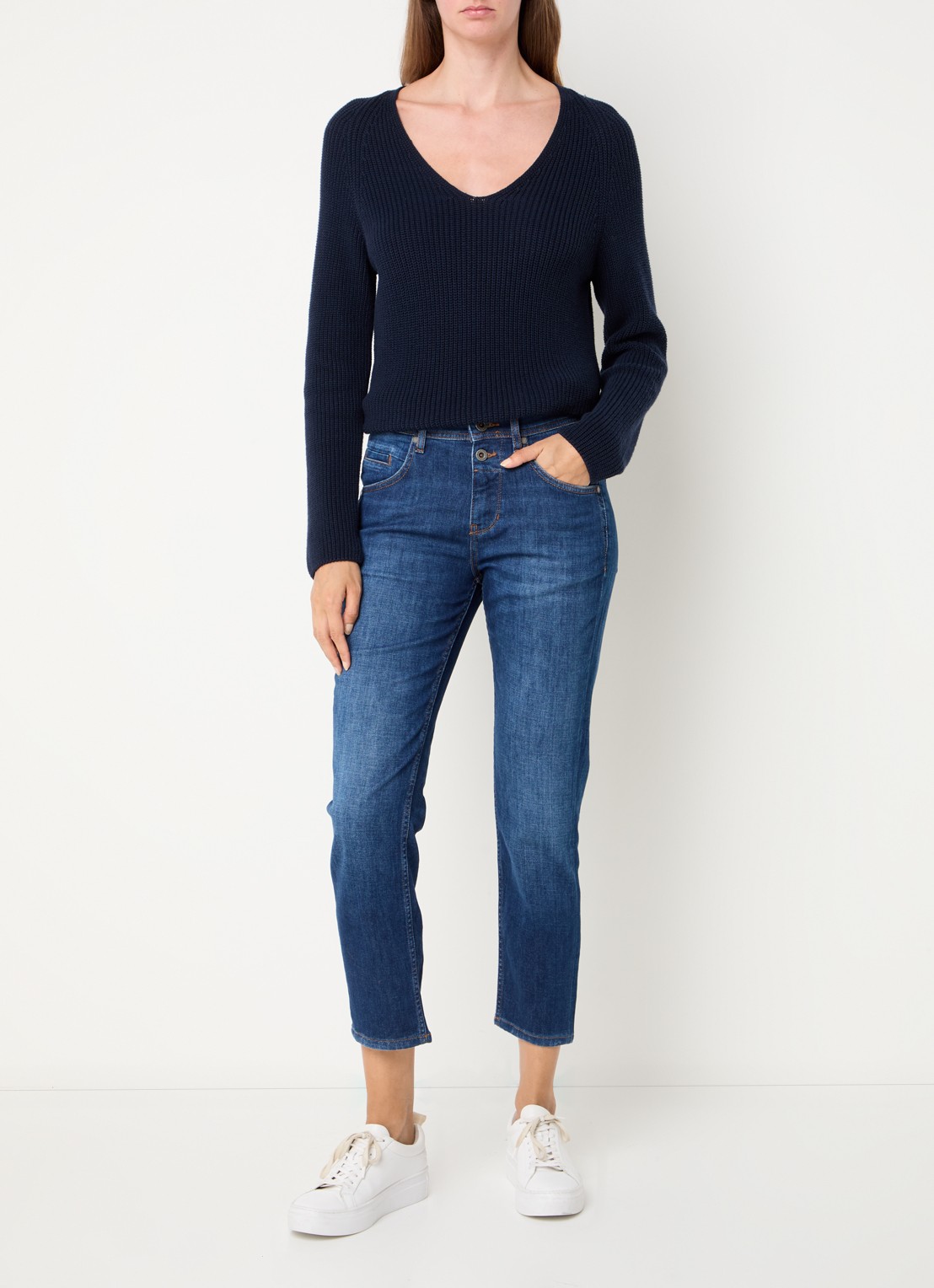 Marc O'Polo Mid waist cropped slim fit jeans met stretch - voorkant 5 indigo
