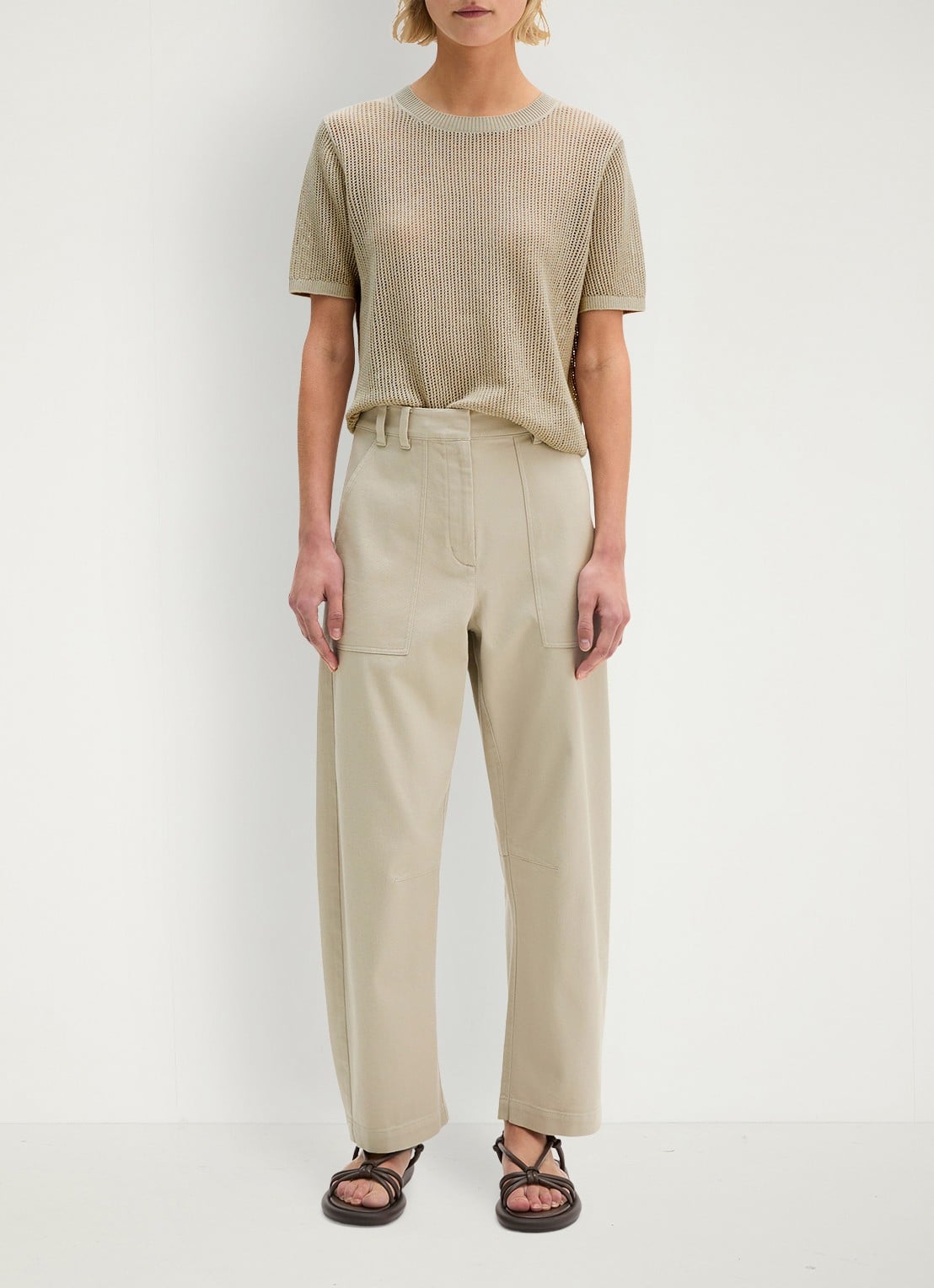 Marc O'Polo  Mid waist straight fit broek met opgestikte zakken - voorkant 2 linen beige / grijs
