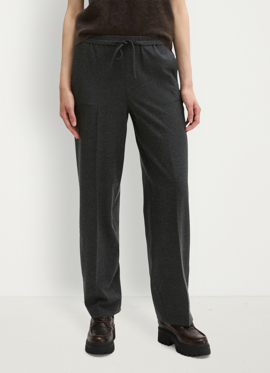 Marc O'Polo Mid waist straight fit broek met trekkoord - detail coal grey melange / grijs