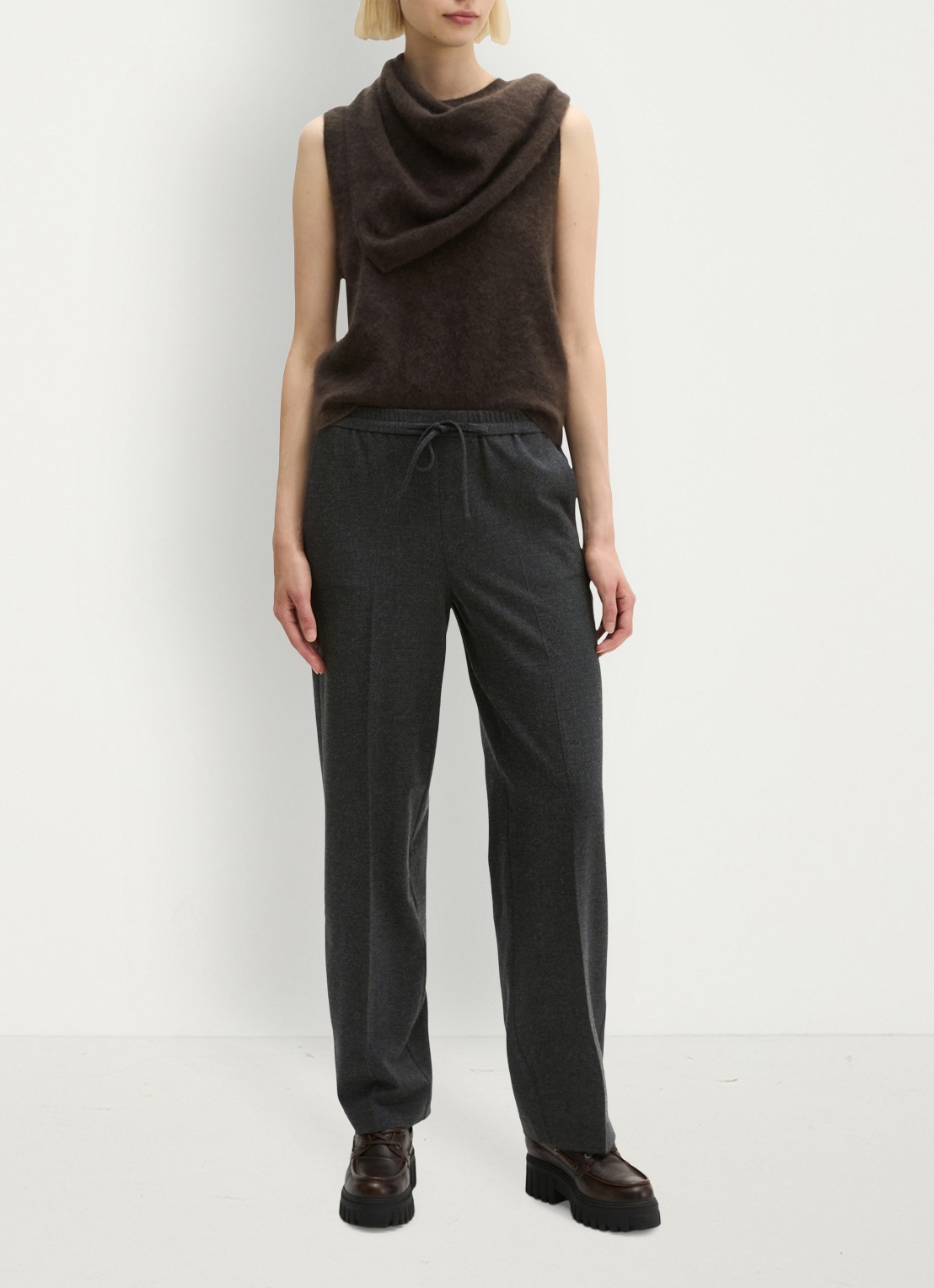 Marc O'Polo Mid waist straight fit broek met trekkoord - voorkant 5 coal grey melange / grijs