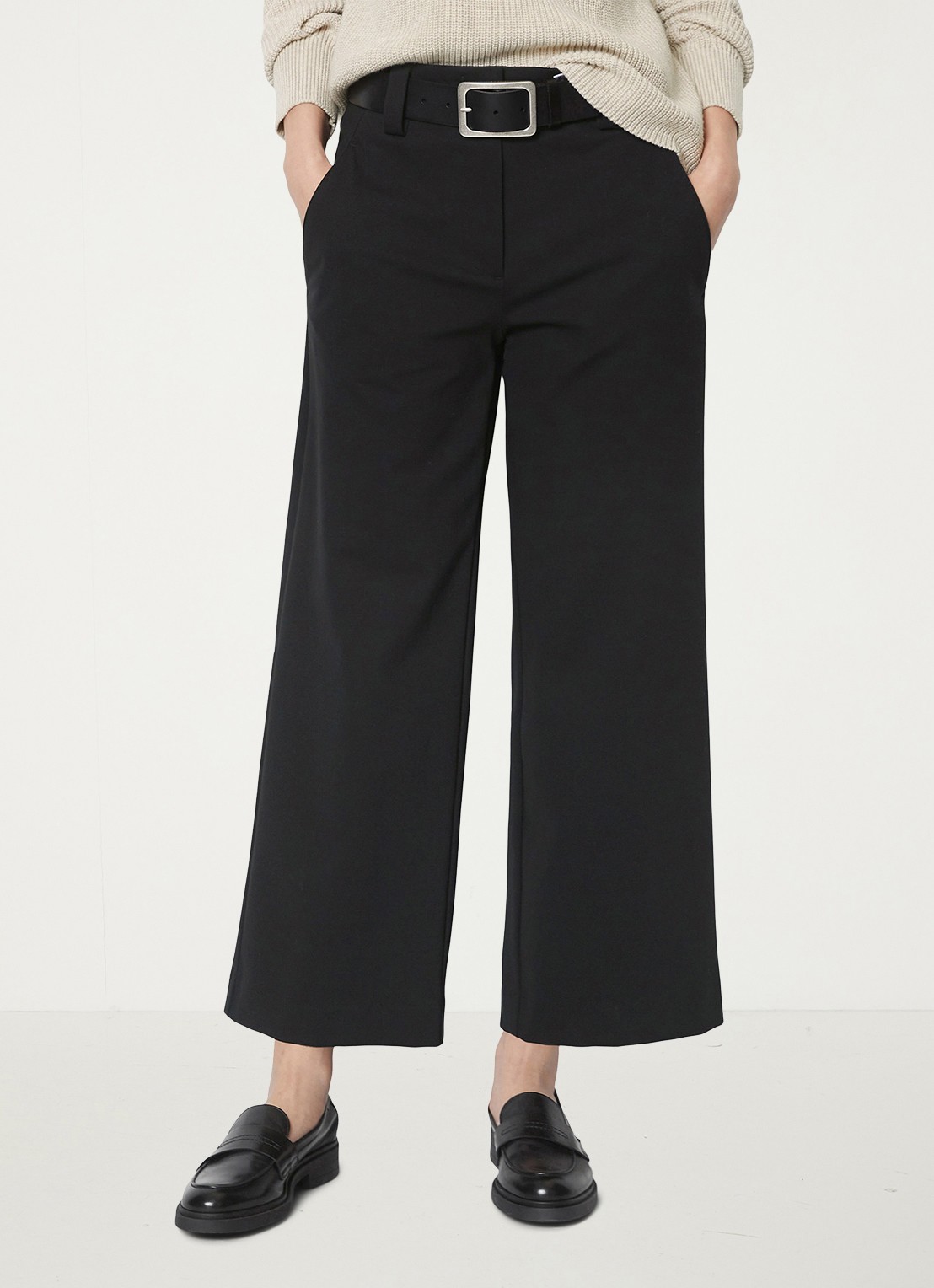 Marc O'Polo Mid waist wide fit culotte van jersey met steekzakken - voorkant 4 zwart