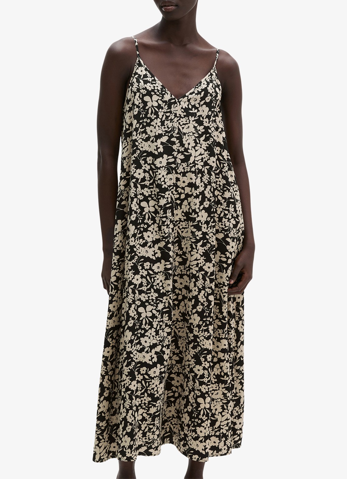 Marc O'Polo Midi jurk met V-hals en bloemenprint - detail black multi 03 / zwart