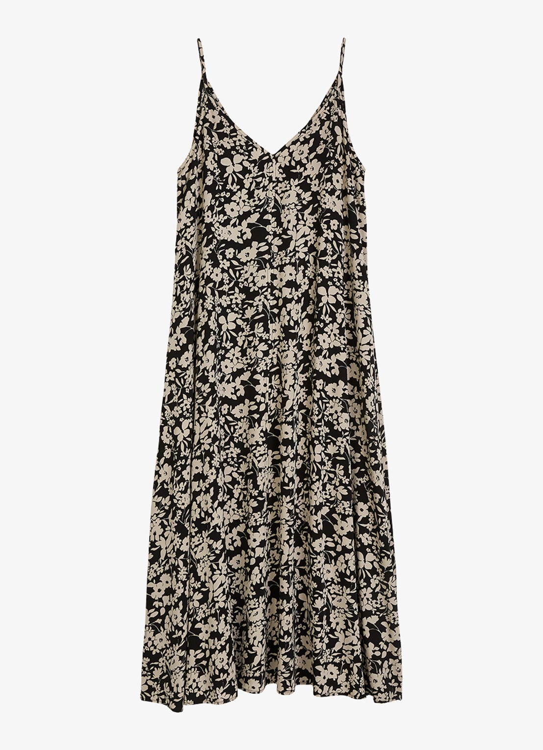 Marc O'Polo Midi jurk met V-hals en bloemenprint - voorkant 4 black multi 03 / zwart
