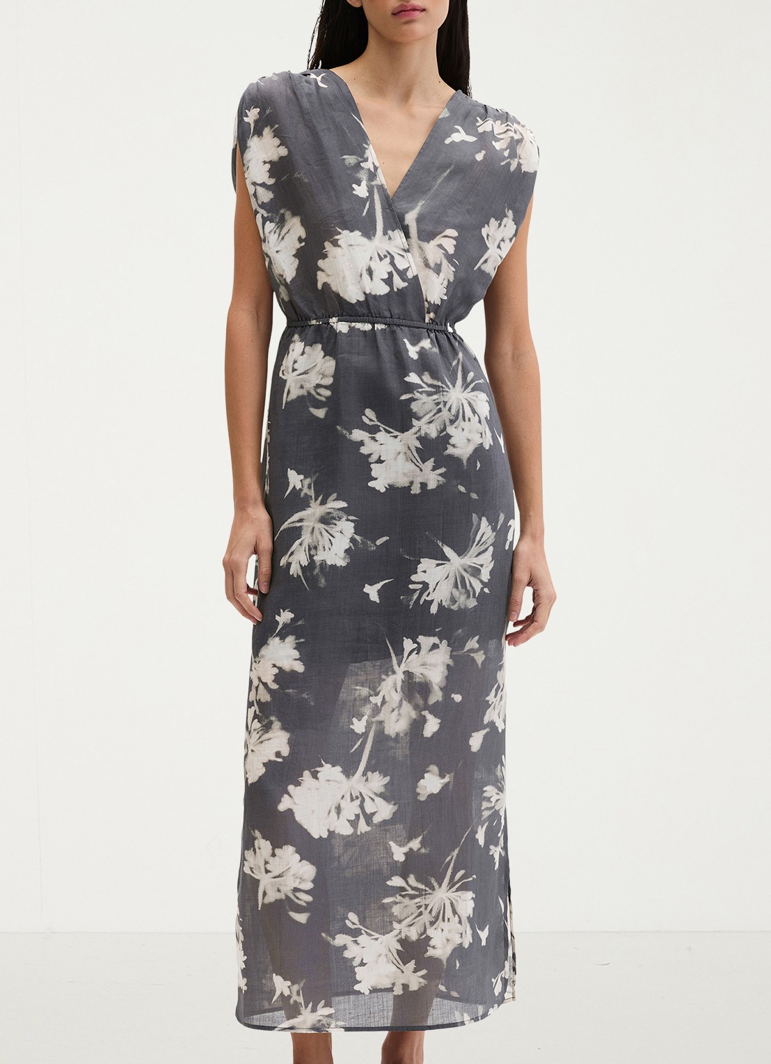 Marc O'Polo Midi jurk met V-hals - detail dark grey_multi_03-0534 / grijs