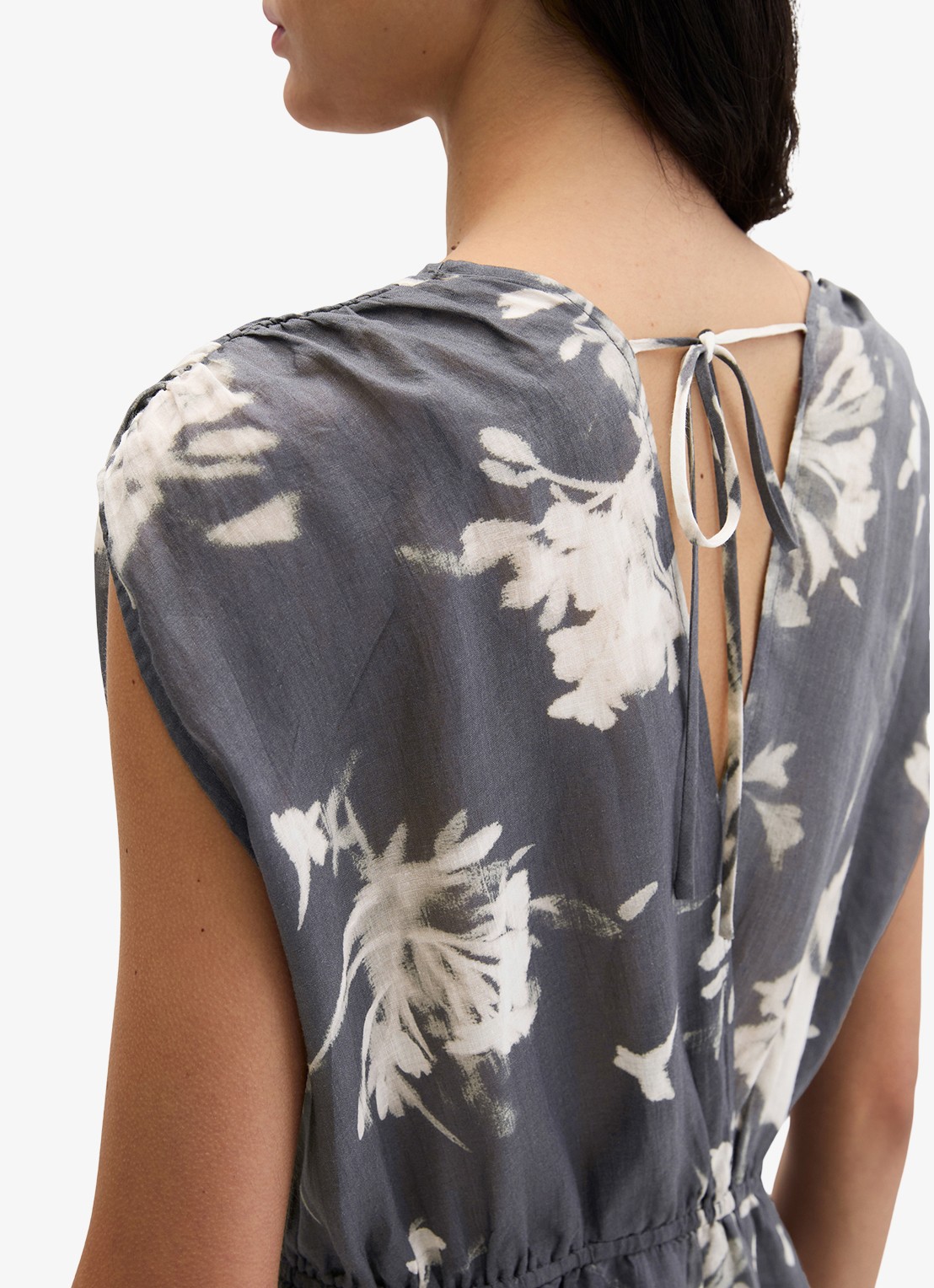 Marc O'Polo Midi jurk met V-hals - detail 2 dark grey_multi_03-0534 / grijs